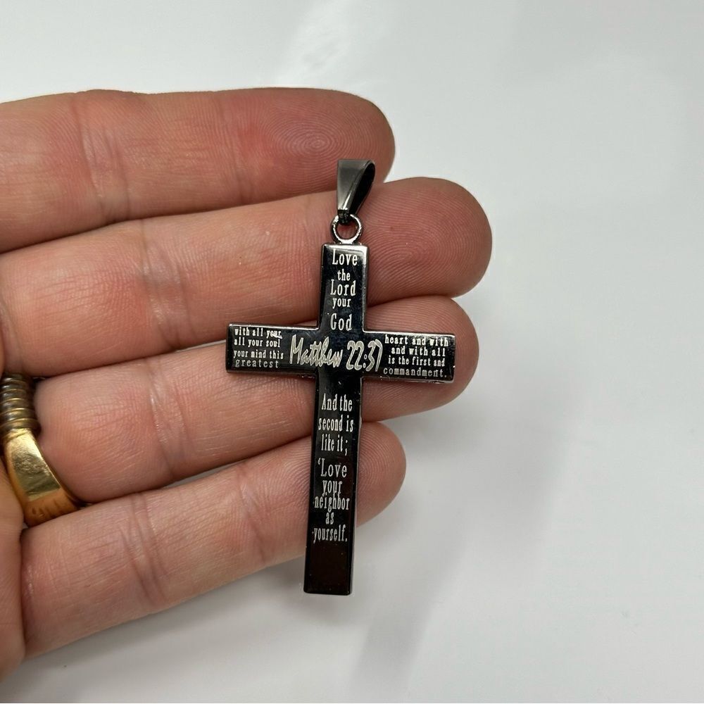 Stainless steel Matthew 22:37 cross
